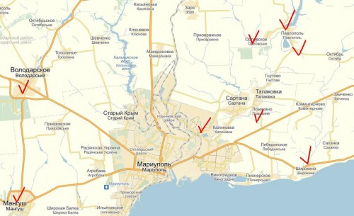 Карта мест, где замечены российские БПЛА вечером, 10 мая 2015г.
