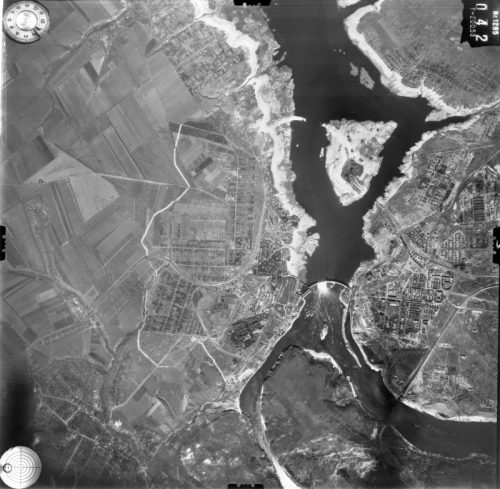 Запорожье, аэрофотосъемка взорванной плотины ДнепроГЭСа