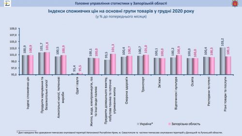 Индексы потребительских цен в декабре 2020 года к ноябрю 2020 года года на основные группы товаров в Украине и Запорожской области