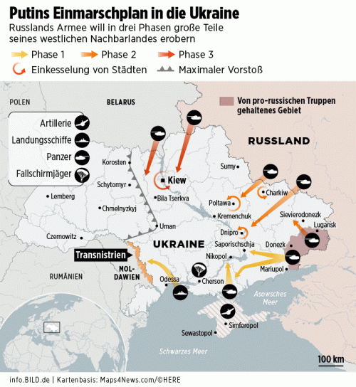 Карта нападения России на Украину в начале 2022 года Bild