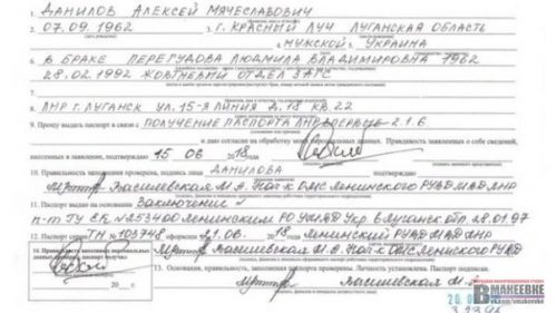учетная карточка к паспорту гражданина ЛНР Данилова А.М.