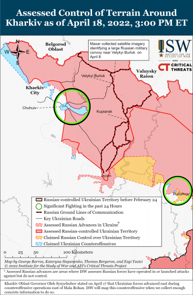 Карта боевых действий под Харьковом и Изюмом на вечер 18 апреля 2022