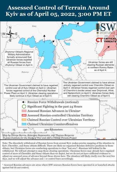 Карта освобождения Киевской и Черниговской областей на вечер 05.04.2022