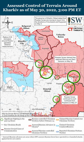 Карта войны Харьковская, Донецкая и Луганская области 30 мая