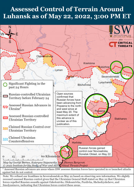Карта войны в Донецкой и Луганской областях на вечер 22 мая