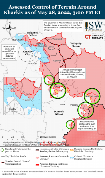 Карта войны в Харьковской, Донецкой и Луганской областях на вечер 28 мая