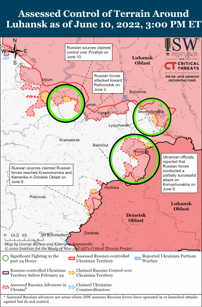 Карта попыток формирования котла под Северодонецком 10 июня 2022