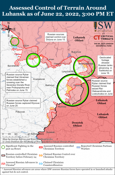 Карта войны в Донецкой и Луганской областях 22 июня 2022