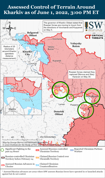 Карта войны в Харьковской, Донецкой и Луганской областях на 01.06.2022
