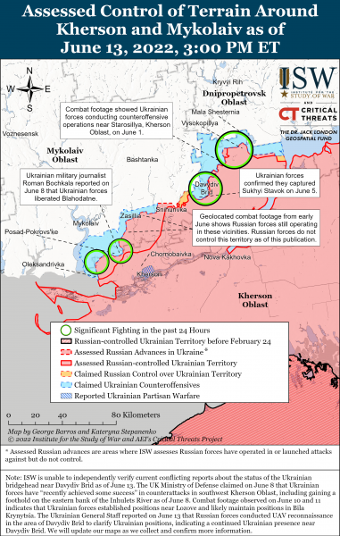 Карта войны в Херсонской и Николаевской областях 13.06.2022