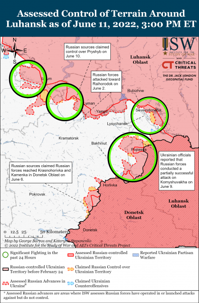 Карта войны в Луганской и Донецкой областях 11.06.2022