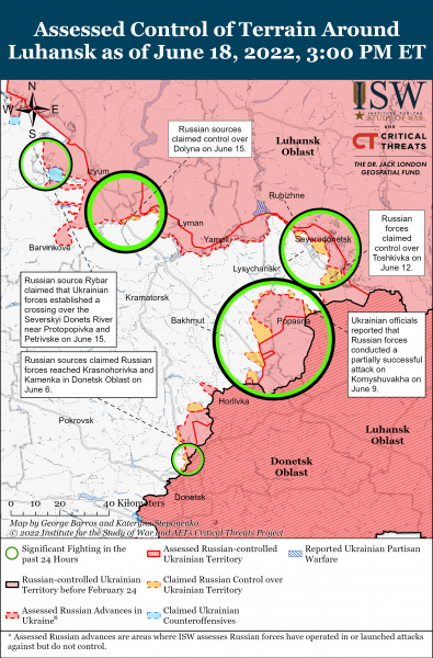 Карта войны в Луганской и Донецкой областях 18.06.2022