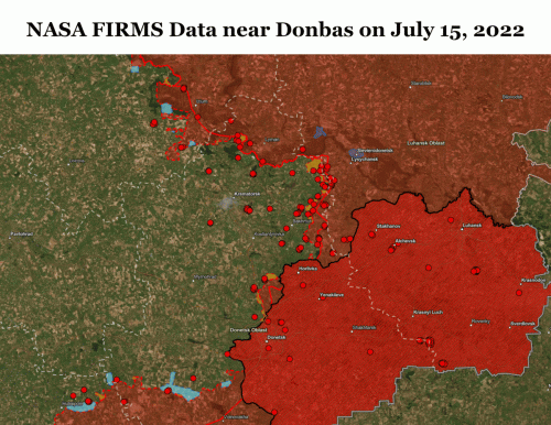 карта пожаров на Донбассе 15-23 июля 2022