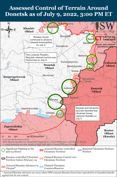 Карта войны в Донецкой и Луганской областях 9 июля 2022