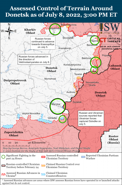 Карта войны в Луганской и Донецкой областях 8 июля 2022г.