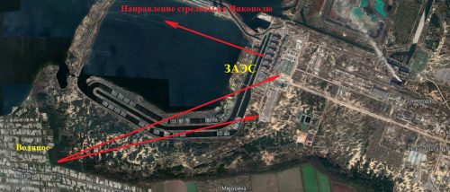 Стрельба по ЗАЭС из Водяного и направление стрельбы с территории Запорожской АЭС по Никополю