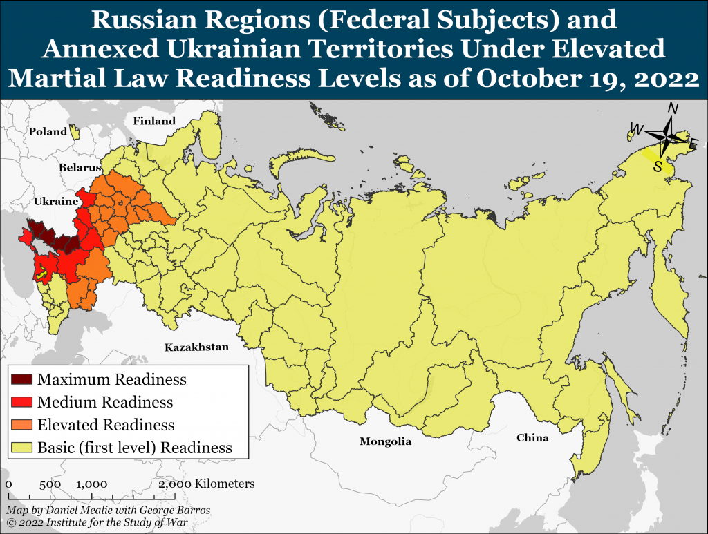 Уровни повышенной готовности к введению военного положения по регионам России и оккупированным территориям Украины на 19.10.2022