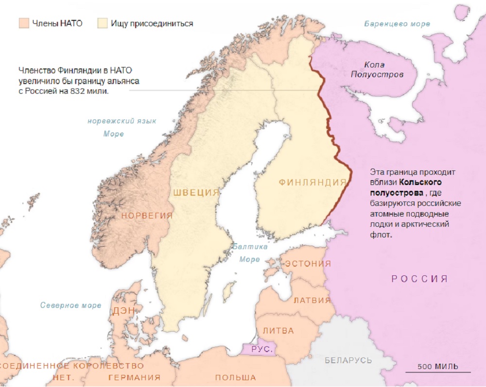 Карта новых границ НАТО с Россией: более доступными для разведки станут бухты Кольского полуострова, где базируется российский атомный подводный флот, несущий стратегическое ЯО