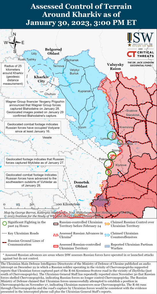 Карта военных действий в Харьковской, Луганской и Донецкой областях 30.01.2023