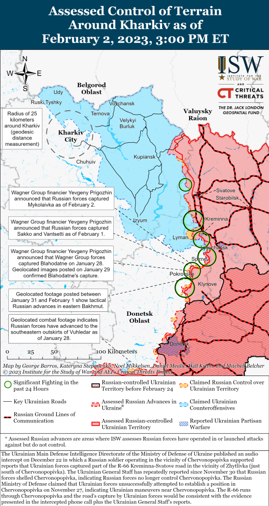 Карта войны в Харьковской и Луганской областях по данным на 24-00 2 февраля. ISW