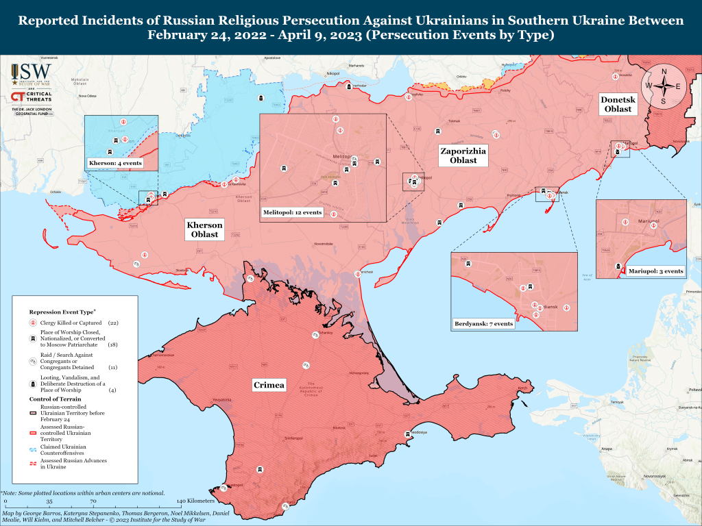 Сообщения о случаях религиозных преследований украинцев россиянами на юге Украины между 24.02.2022 и 09.04.2023 (преследования по типу)