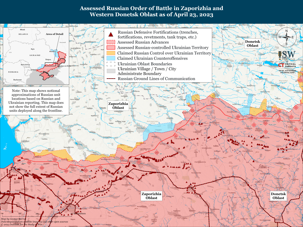 Линия фронта и укрепления в Запорожской области на 23.04.2023