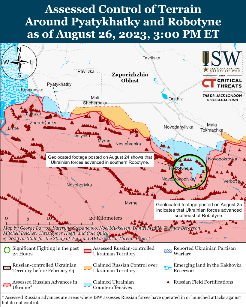 Карта войны ISW в районе Работино на Мелитопольском направлении в Запорожской области по состоянию на конец дня 26 августа 2023г.