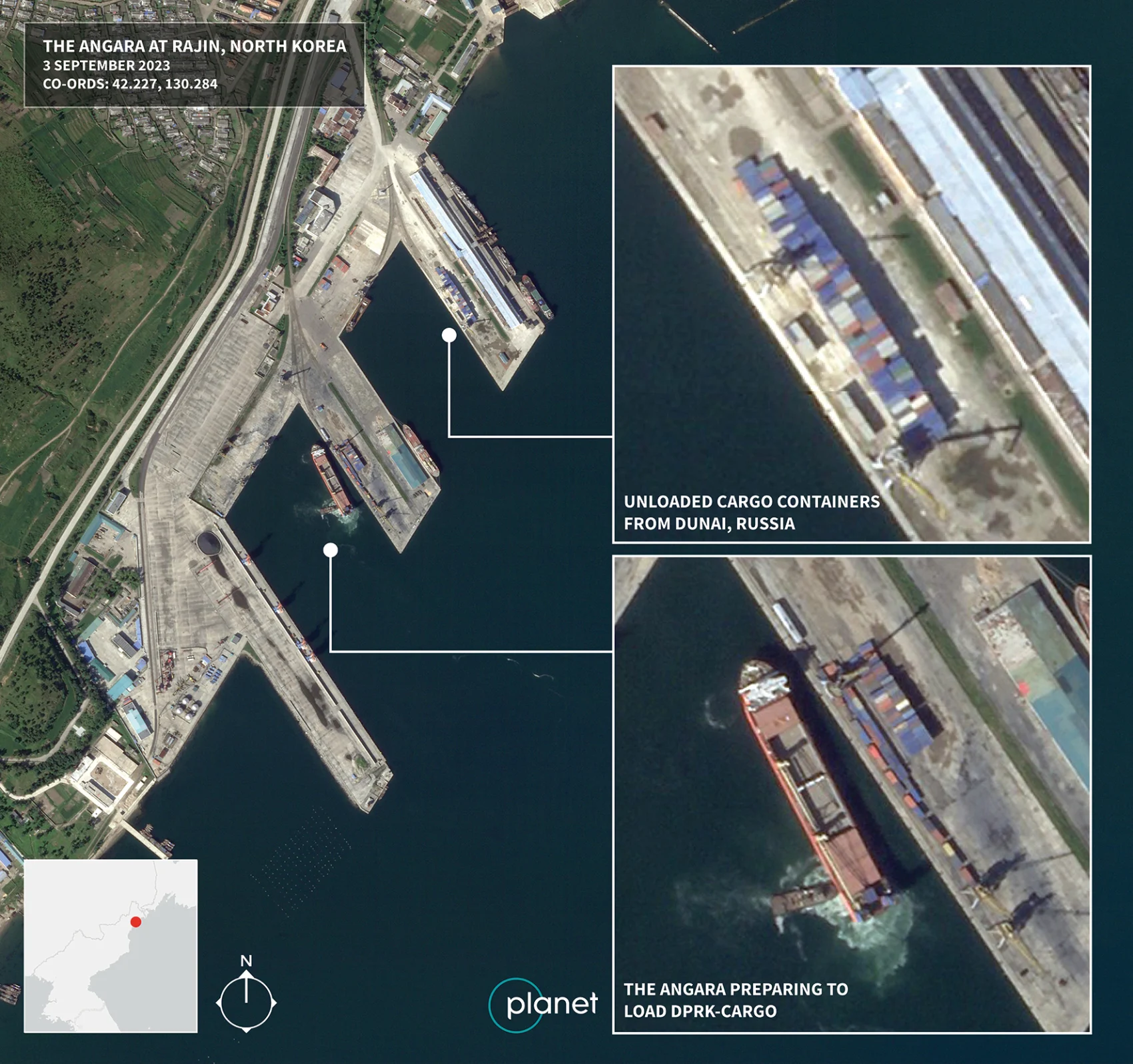 Погрузка и разгрузка контейнеров «Ангара» в Раджине, Северная Корея