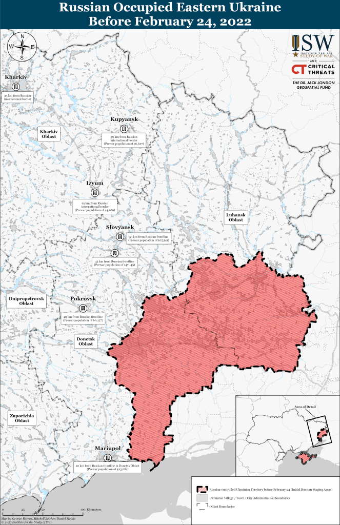 Окуповані Росією території українського Донбасу станом на 24.02.2022р.