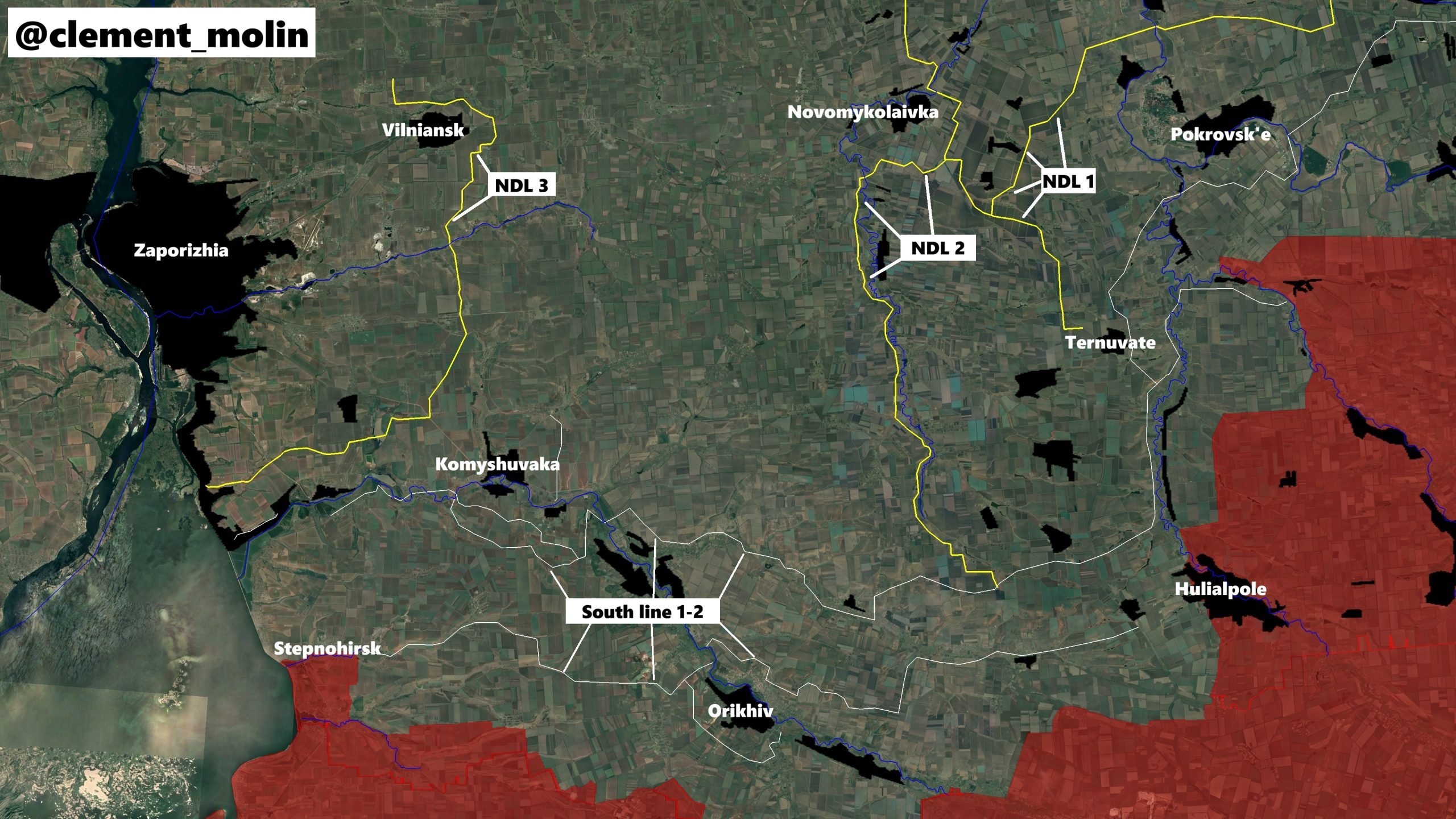 Лінії укріплень у Запорізькій області (Гуляйполе-Степногірськ-Приморське). OSINT Клімент Молін. Черги зведення: 1. Сині лінії; 2. Білі лінії; 3. Жовті лінії