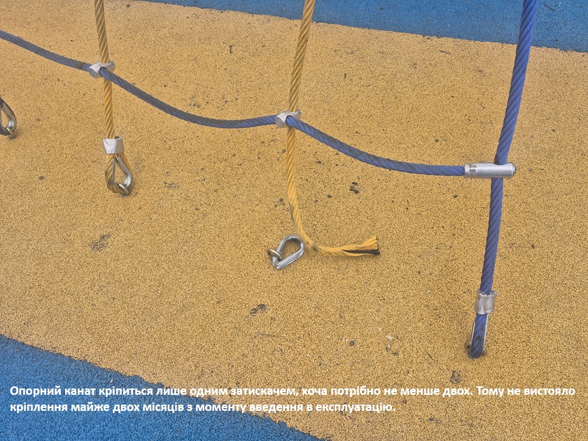 Опорний канат кріпиться лише одним затискачем, хоча потрібно не менше двох. Тому не вистояло кріплення та двох місяців з моменту введення в експлуатацію.