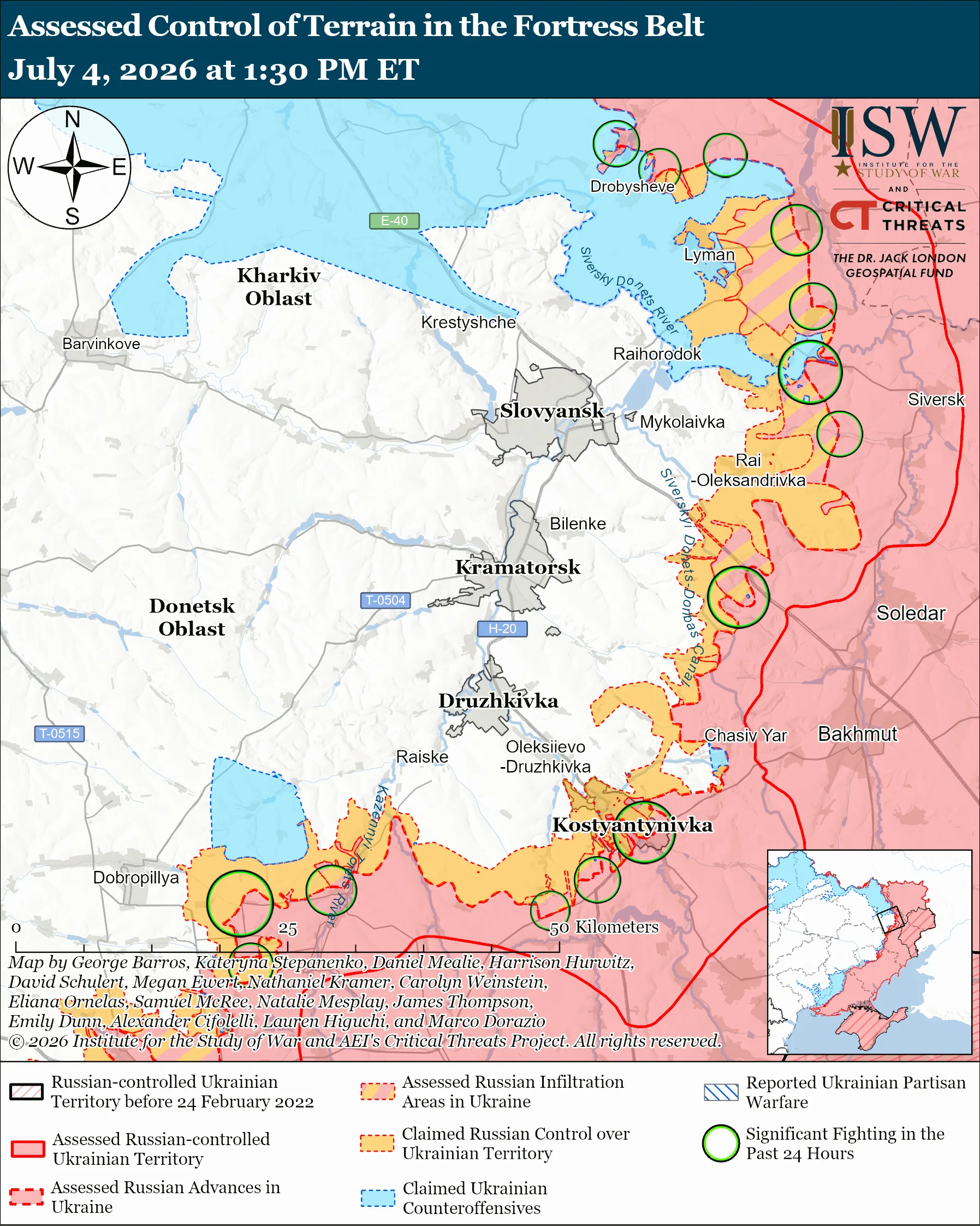 Лінія фронту навколо Костянтинівки станом на 4 липня 2026 - ISW